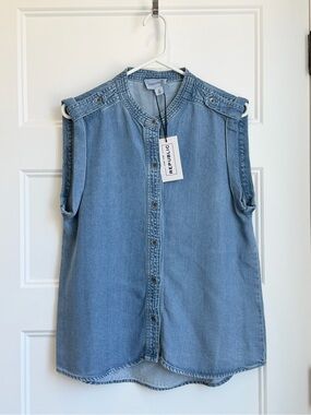 For The Republic Light Blue Denim Sleeveless Button-Front Blouse